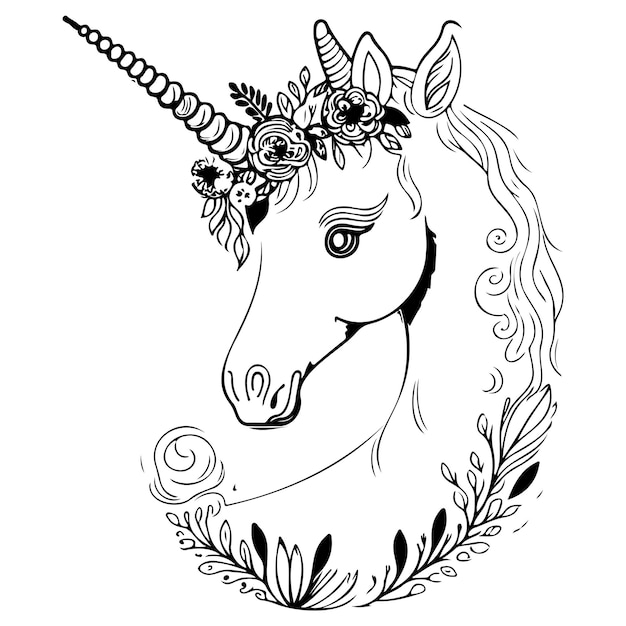 Unicornio boho con una ilustración de primavera floral dibujado a mano