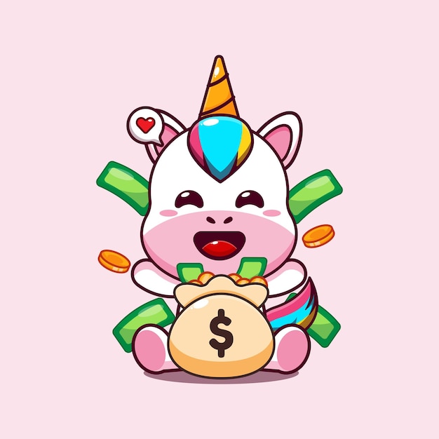 Un unicornio con una bolsa de dinero. Ilustración vectorial de dibujos animados.