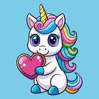 Vector un unicornio con cabello de arco iris y cabello de arc de lúa está sosteniendo un corazón en forma de corazón