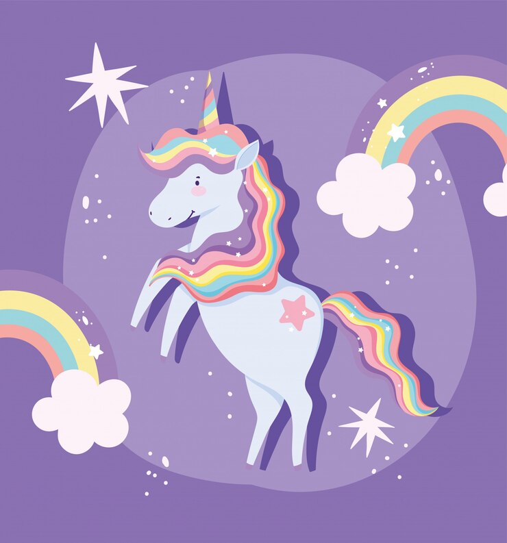 Vector unicornio con cabello arcoiris y arcoiris