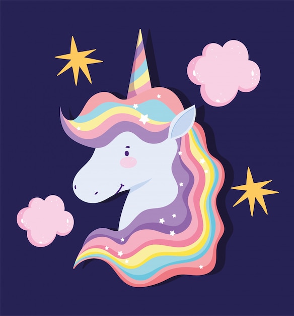 Unicornio con cabello arcoiris, nubes y estrellas.