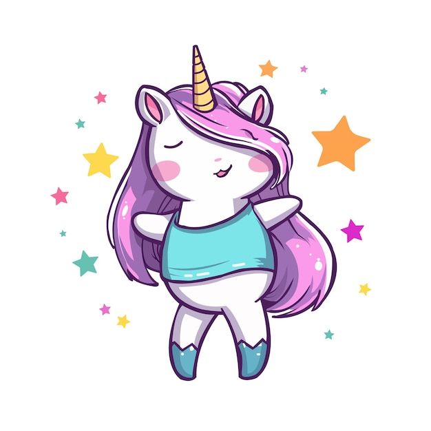 Un unicornio con cabello morado y camisa azul.