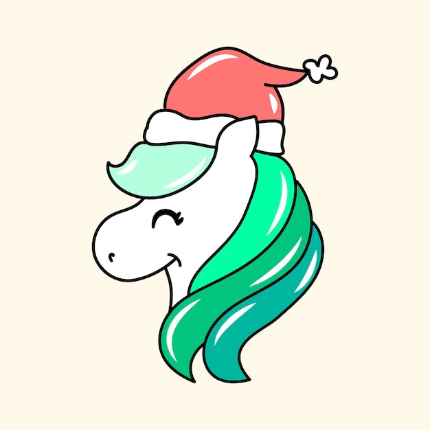 Vector unicornio con cabello verde y un sombrero de papá noel