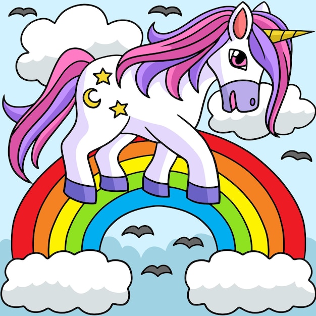 Unicornio caminando sobre la ilustración del arco iris