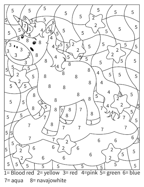 Unicornio Color Por Número Página Para Colorear