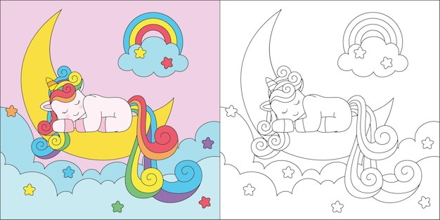 Unicornio para colorear durmiendo en la luna