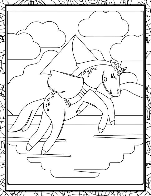 Unicornio para colorear páginas blancas y negras para ilustraciones de libros para niños