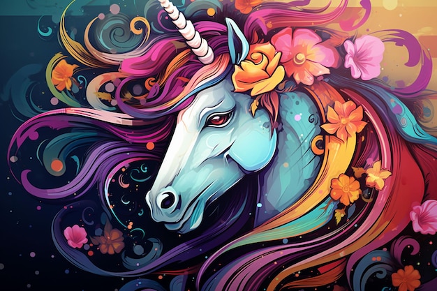 Un unicornio colorido con flores en la cabeza