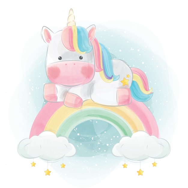 Unicornio colorido sentado sobre el arcoiris