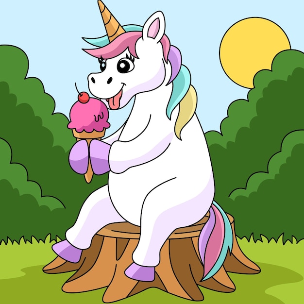 Unicornio comiendo helado de dibujos animados de colores