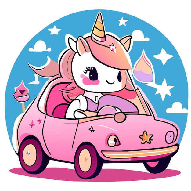 Unicornio conduciendo una ilustración de vector de coche