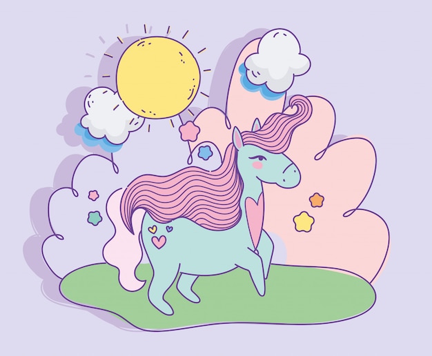 Unicornio con corazón amor día soleado nubes fantasía mágica caricatura ilustración vectorial