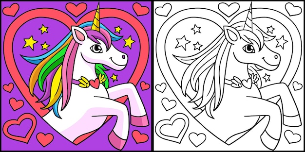 Unicornio con corazón para colorear página ilustración