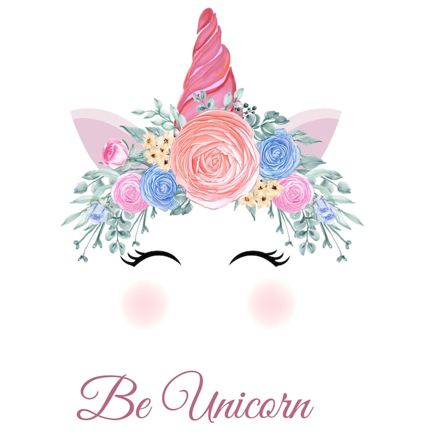 Unicornio corona acuarela flor rosa rosa naranja Dibujado a mano ilustración