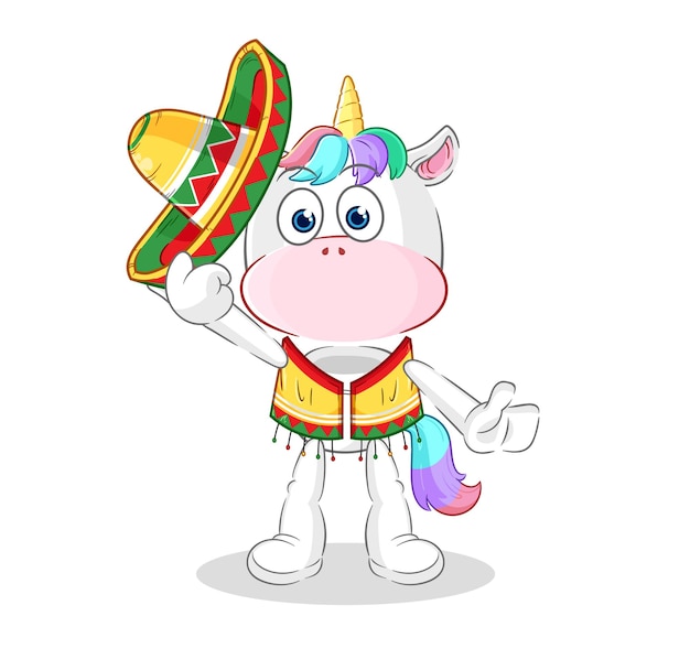 Unicornio cultura mexicana y bandera dibujos animados mascota vector