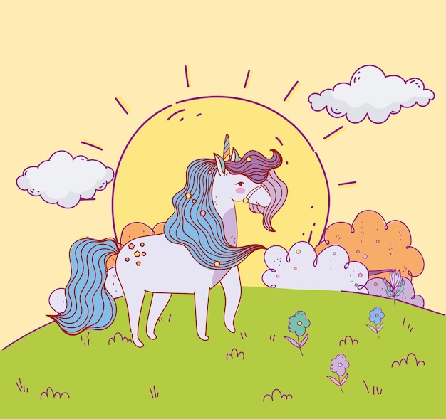 Unicornio de dibujos animados al atardecer