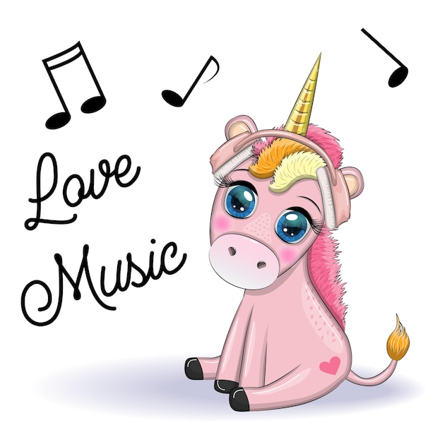 Unicornio de dibujos animados con auriculares sobre un fondo azul