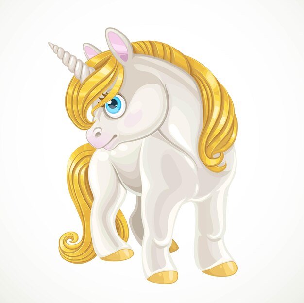 Unicornio de dibujos animados de cuento de hadas con melena dorada aislado en un fondo blanco