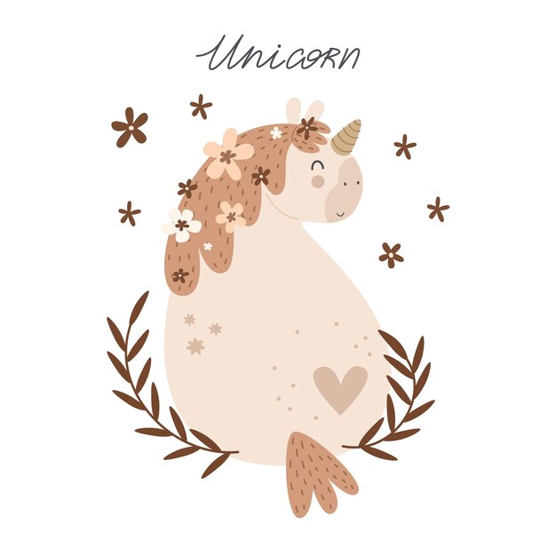 Unicornio de dibujos animados dibujo a mano letras elementos de decoración
