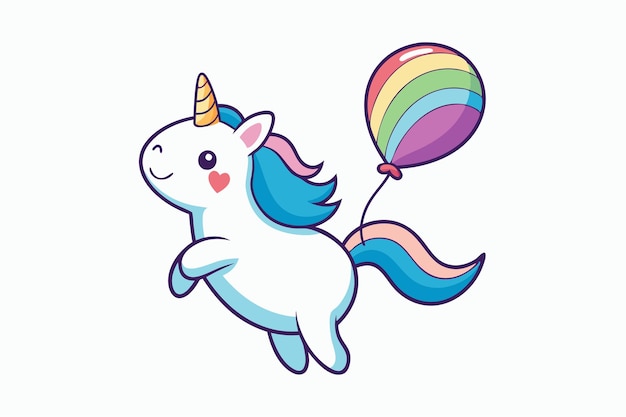 un unicornio de dibujos animados con un globo en forma de corazón en el cielo