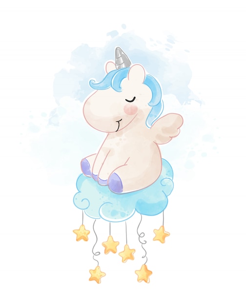 Unicornio de dibujos animados en la ilustración de la nube azul