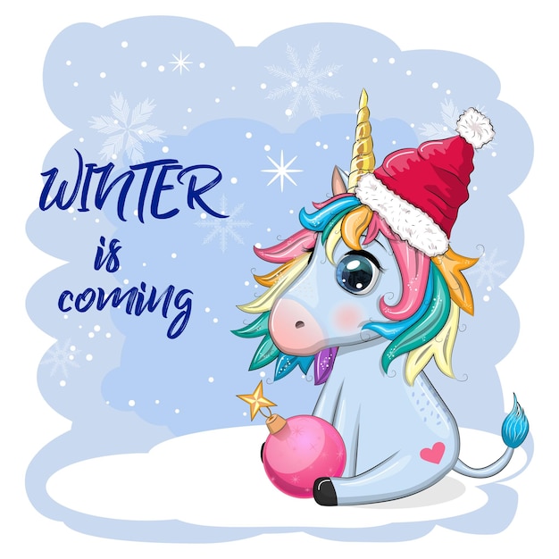 Vector unicornio de dibujos animados lindo en sombrero de santa con regalo bola de navidad candy kane vacaciones de año nuevo y navidad