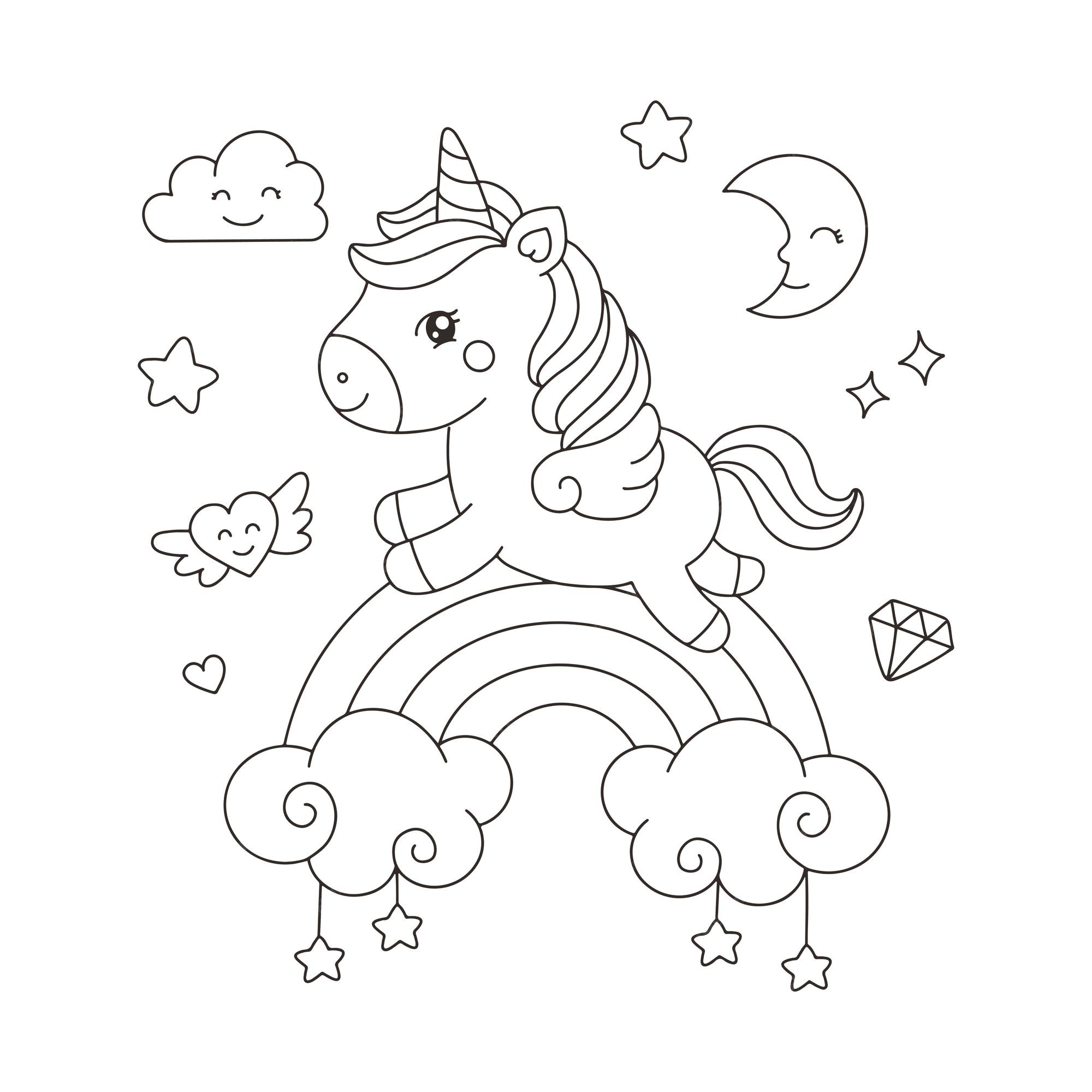 Unicornio de dibujos animados lindo volando en la ilustración del arco iris para  colorear libro | Vector Premium