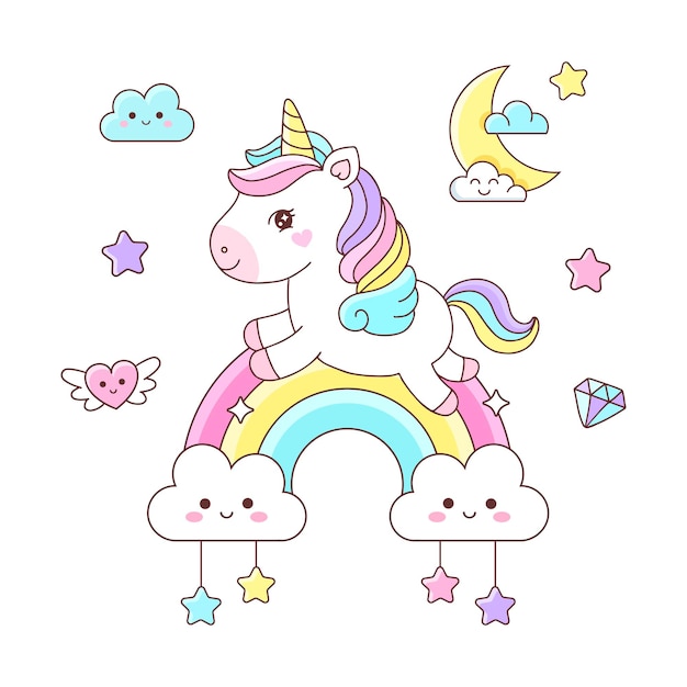 Unicornio de dibujos animados lindo volando en la ilustración del arco iris