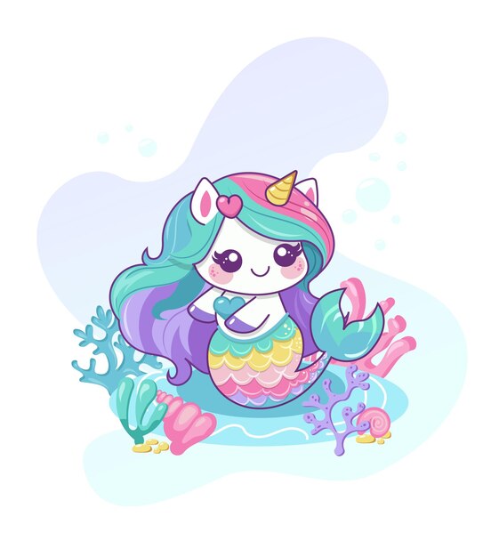 Vector unicornio de dibujos animados de mar bonito pez sirena y caballo de mar personaje de dibuyos animados con cola de sirena