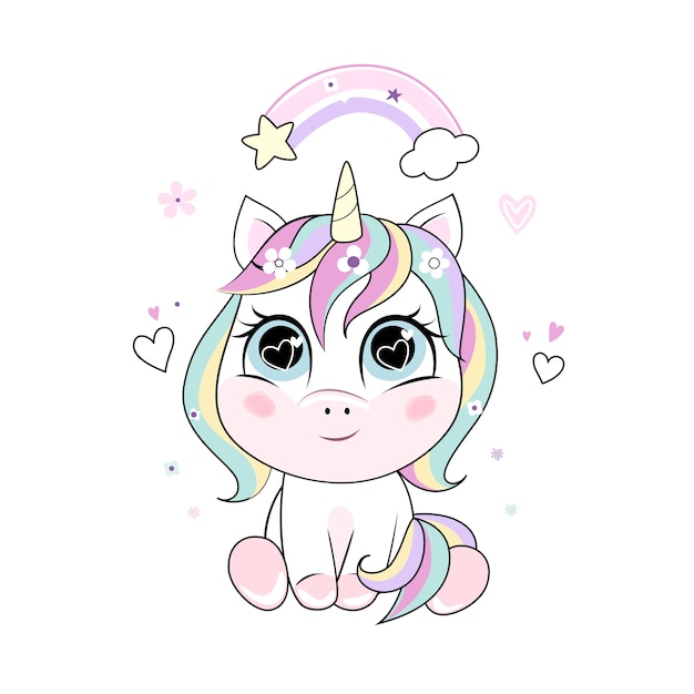 Unicornio de dibujos animados con el pelo del arco iris aislado en blanco