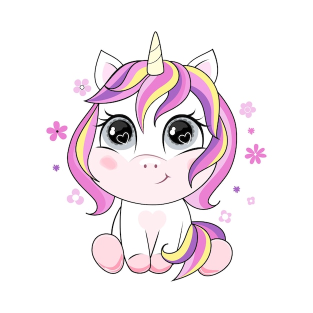 Vector unicornio de dibujos animados con pelo de arco iris. ilustración aislada