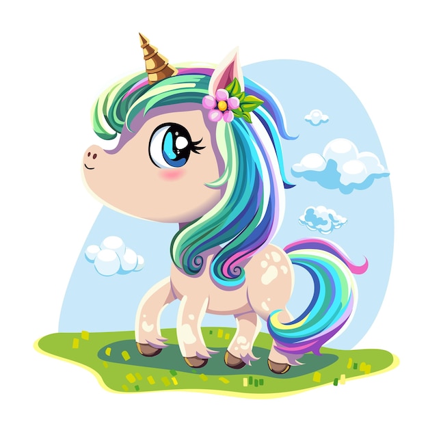 Vector unicornio de dibujos animados de vector con pelo de arco iris