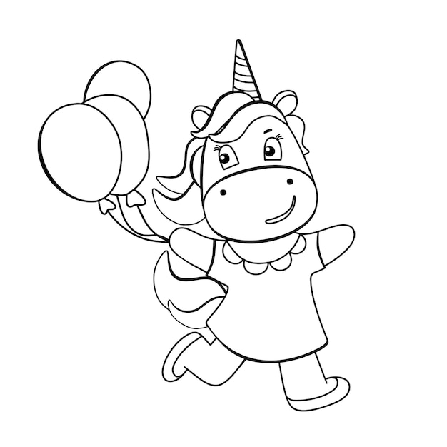 Unicornio divertido con libro para colorear de globos Personaje de pony de dibujos animados lindo en estilo blanco y negro