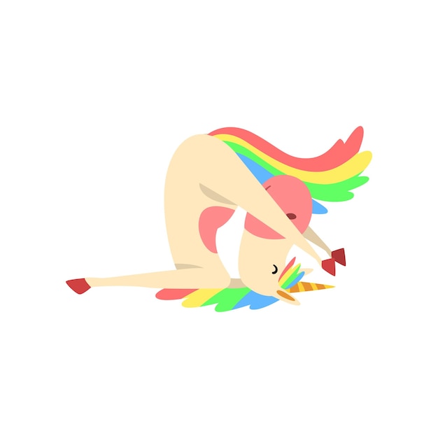 Unicornio divertido practicando ejercicio de yoga fantasía hermoso personaje de caballo con melena y cola de arco iris