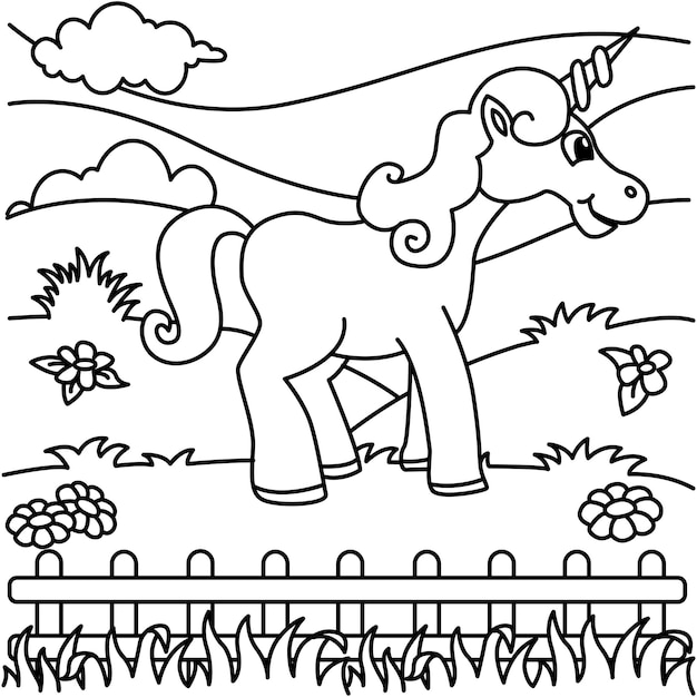 Unicornio divertido vector de dibujos animados para colorear página