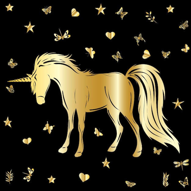 Vector unicornio dorado de silueta sobre fondo negro