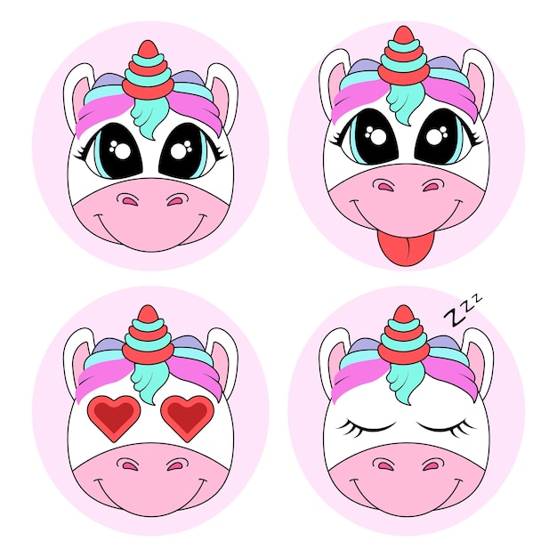 Vector unicornio emociones expresiones faciales