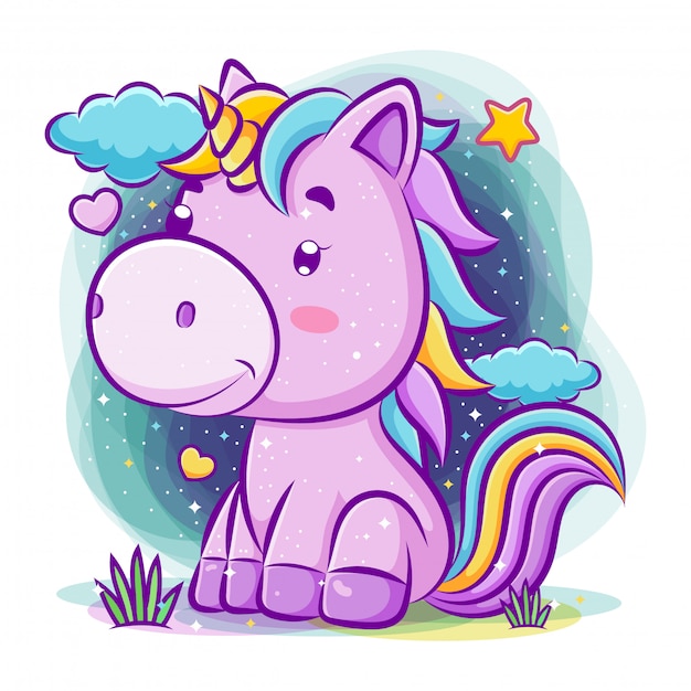 Unicornio encantador se sienta en el fondo nocturno