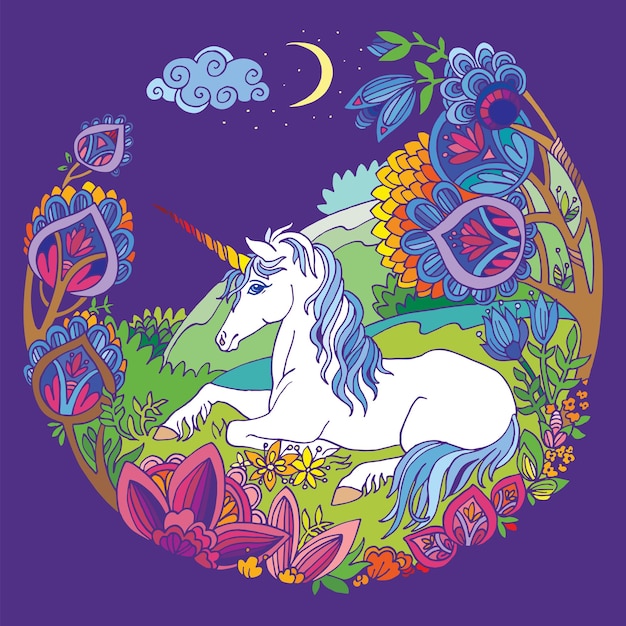 Unicornio enredado colorido y flores vector púrpura