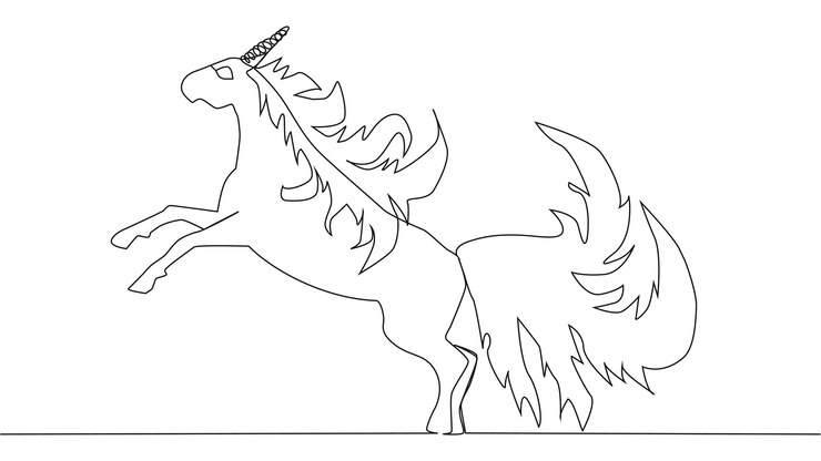 Vector el unicornio está dibujado por una línea negra sobre un fondo blanco dibujo de una línea línea continua