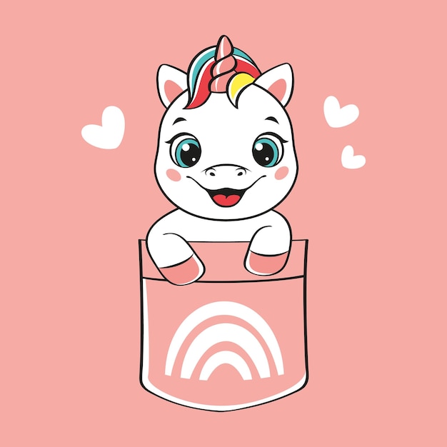 Unicornio feliz en el bolsillo en la ilustración de vector de dibujos animados de fondo rosa