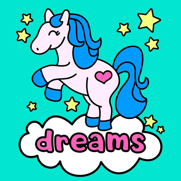 Unicornio feliz con cabello azul y sueños de texto