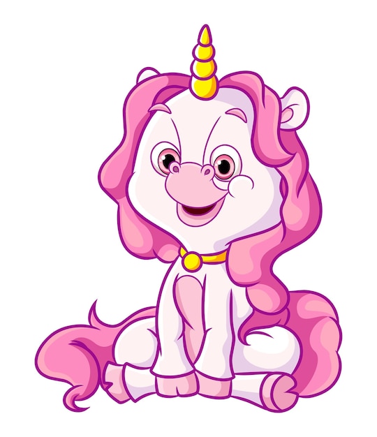 El unicornio feliz con el cuerno dorado está sentado de ilustración.