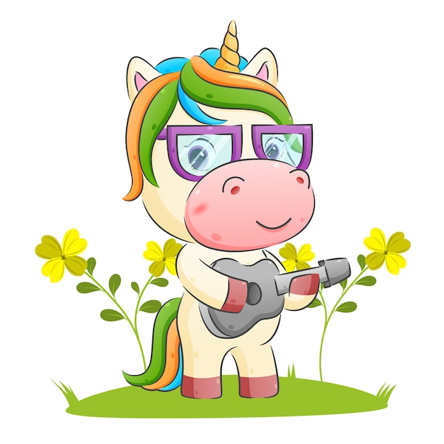 El unicornio feliz está tocando la guitarra y usando la ilustración de las gafas.