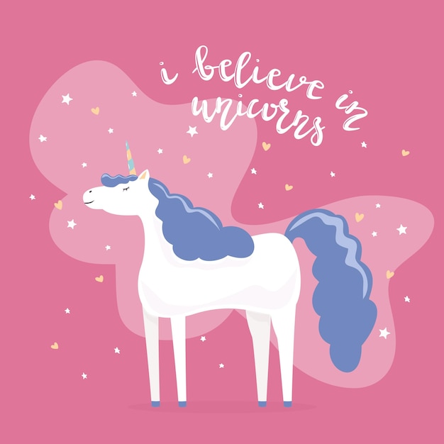 Unicornio feliz con letras de cabello púrpura Creo en unicornios con estrellas y corazones en la ilustración de fondo rosa