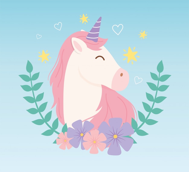 Unicornio flores estrellas decoración mágico fantasía dibujos animados lindo animal