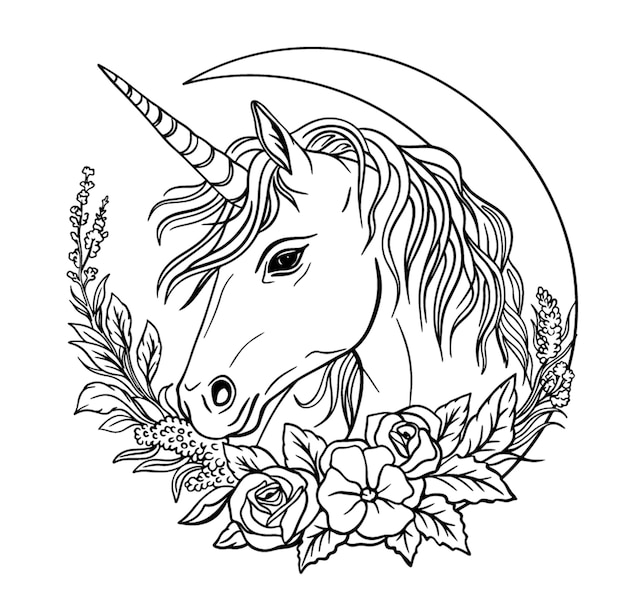 Vector unicornio con flores y libro para colorear luna. arte lineal. ilustración vectorial