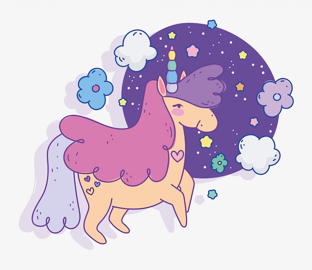 Unicornio flores nubes estrellas fantasía magia dibujos animados