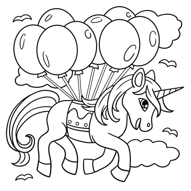 Unicornio flotando con los globos para colorear página