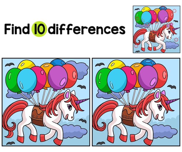 Unicornio flotando en globos encuentra las diferencias